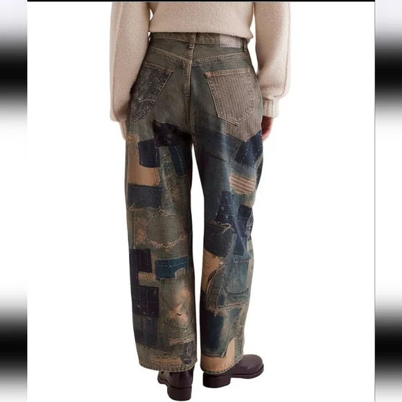 Free People Illusions Patchwork Printed Jeans Barrel Leg Relaxed Indigo 27 NWT - Picture 4 of 15